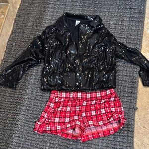 Black Sequin Jacket and Red Plaid Shorts